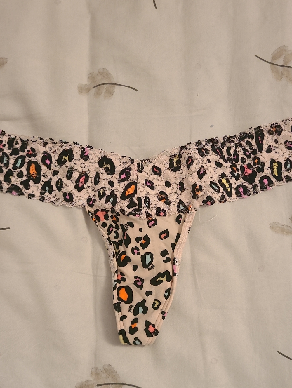 PINK Victoria's Secret Light Pink Leopard Lace Thong with Multicolor Spots
